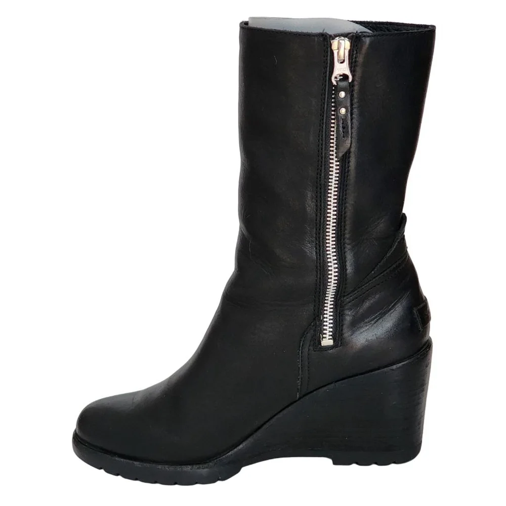 SOREL After Hours Mid Boot Black Leather Wedge Booties Size 8.5